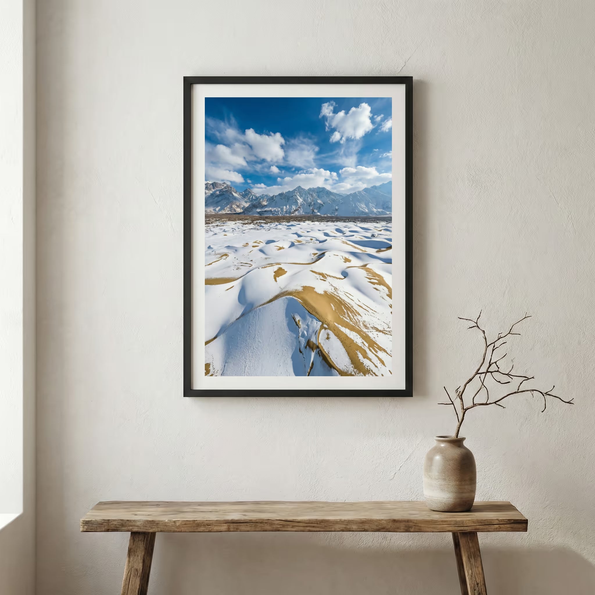 Sunlit pink and white blossom branches glowing against a clear blue sky — wooden frame canvas wall art print, 12×18 in