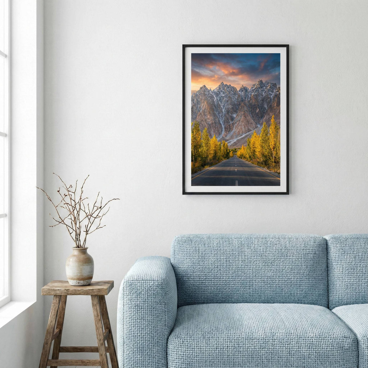 Snow-capped mountain peaks glowing at sunset above a golden poplar-lined road — framed canvas wall art in a wooden frame, 16×24 in