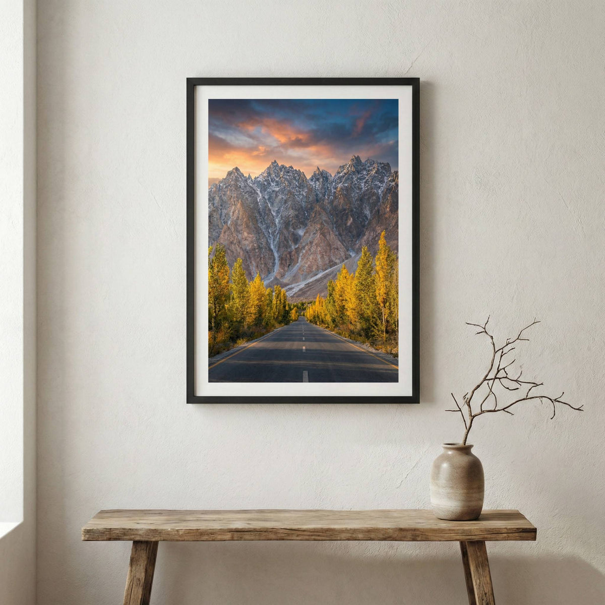 Snow-capped mountain peaks glowing at sunset above a golden poplar-lined road — wooden frame canvas wall art print, 12×18 in