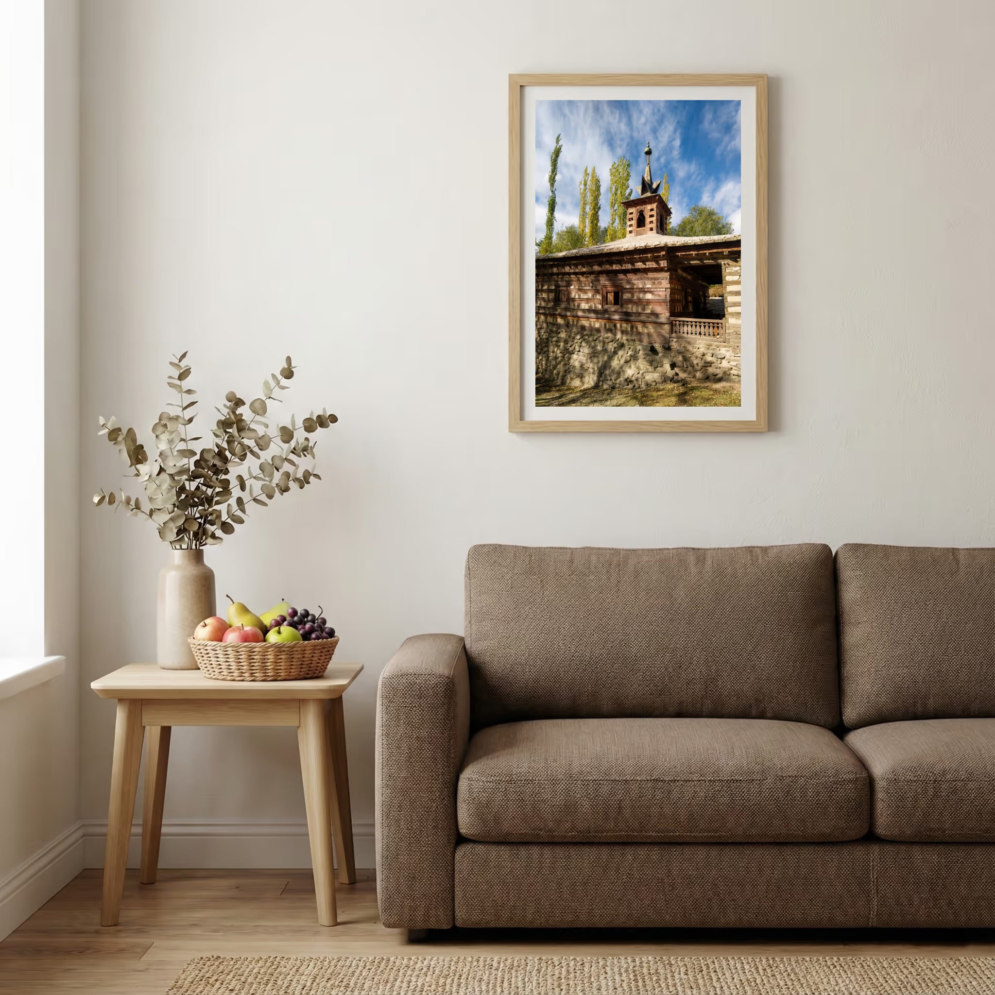 Snow-capped mountain peaks glowing at sunset above a golden poplar-lined road — wooden-frame wall art print, 20×30 in