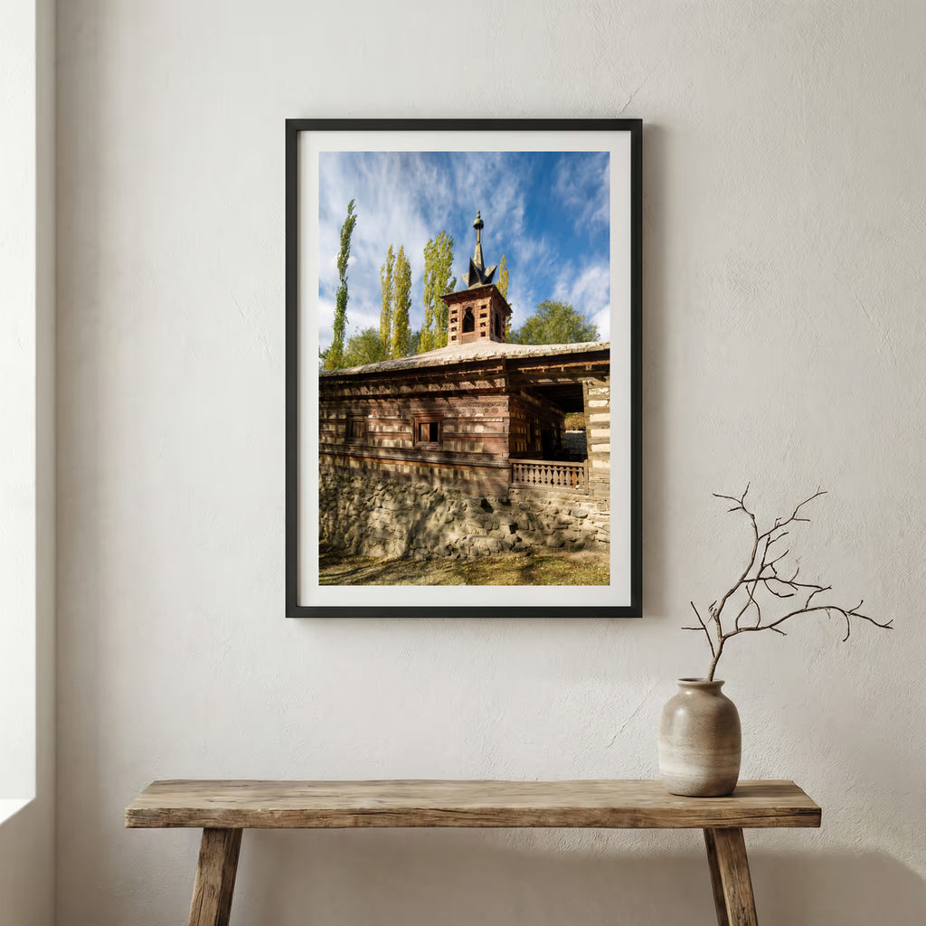 Snow-capped mountain peaks glowing at sunset above a golden poplar-lined road — wooden frame canvas wall art print, 12×18 in