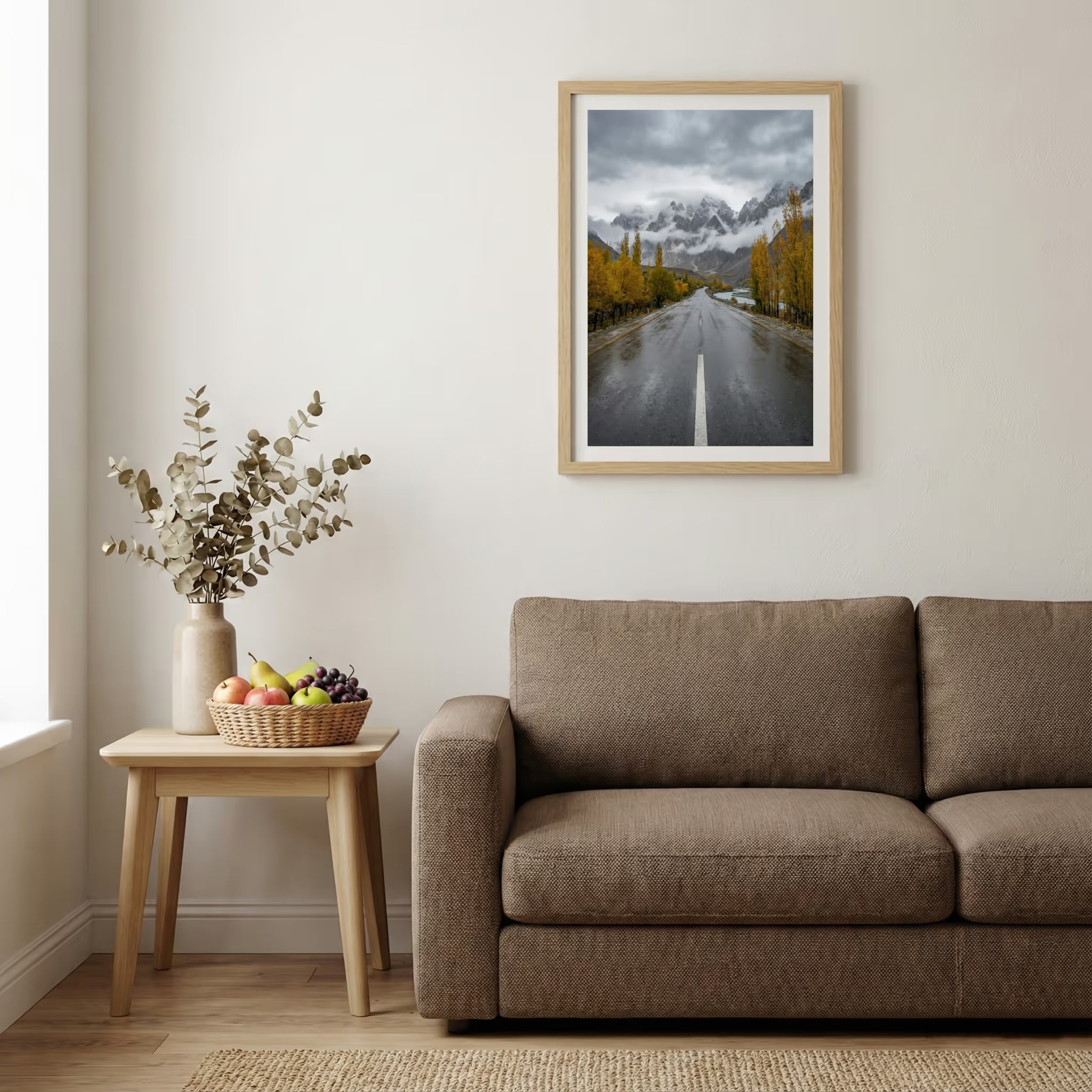 Swans gliding across a frozen lake beneath snow-capped mountains — wooden-frame wall art print, 20×30 in