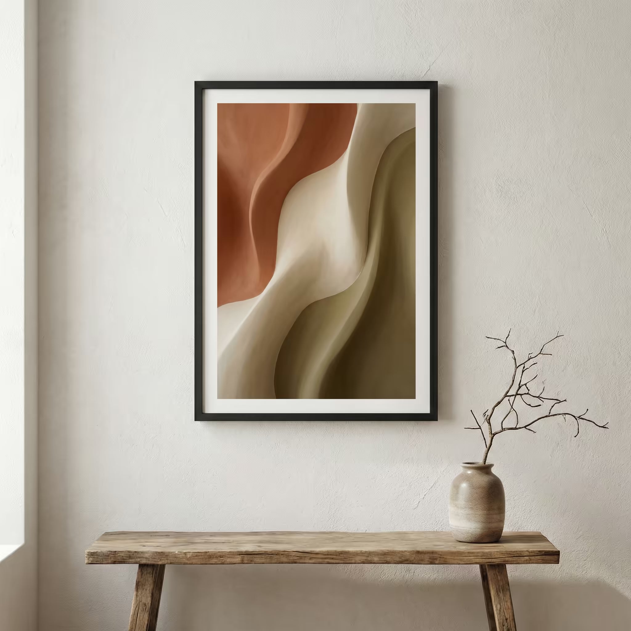 Neutral Brown Flowing Abstract canvas wall art in a framed room setting