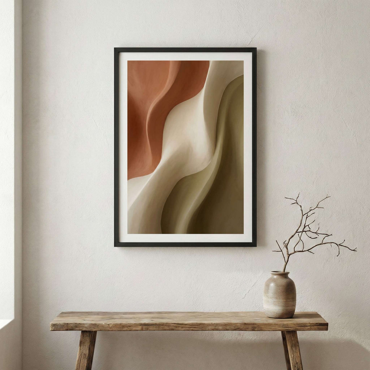 Neutral Brown Flowing Abstract canvas wall art in a framed room setting