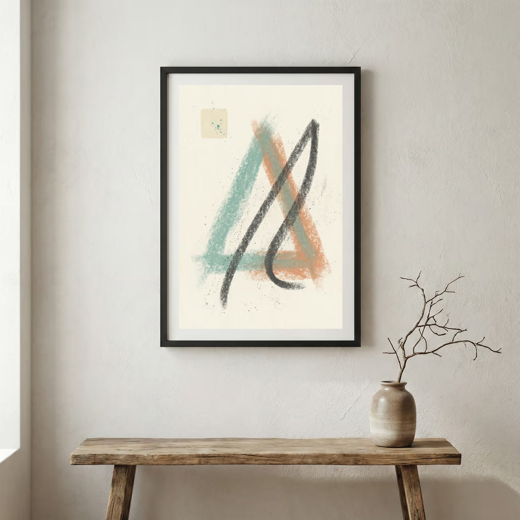 Teal Black Line Abstract canvas wall art in a framed room setting