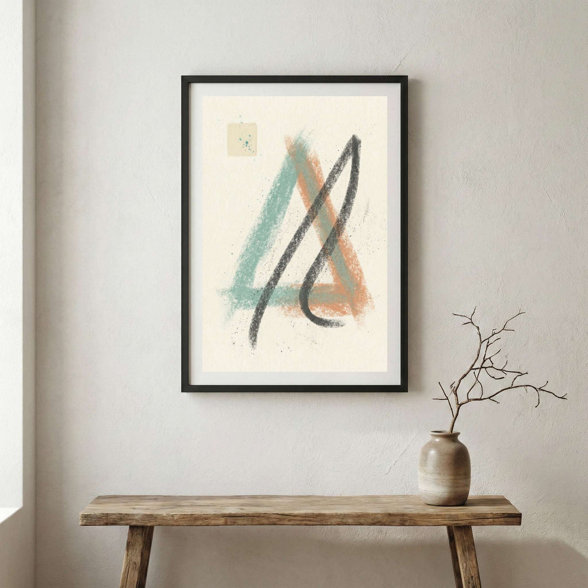 Teal Black Line Abstract canvas wall art in a framed room setting