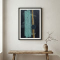 Navy Teal Gold Vertical Abstract canvas wall art in a framed room setting