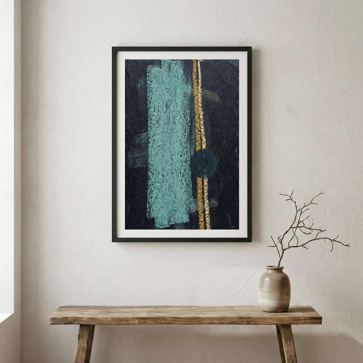 Navy Teal Gold Vertical Abstract canvas wall art in a framed room setting