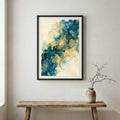 Teal Gold Floral Abstract canvas wall art in a framed room setting