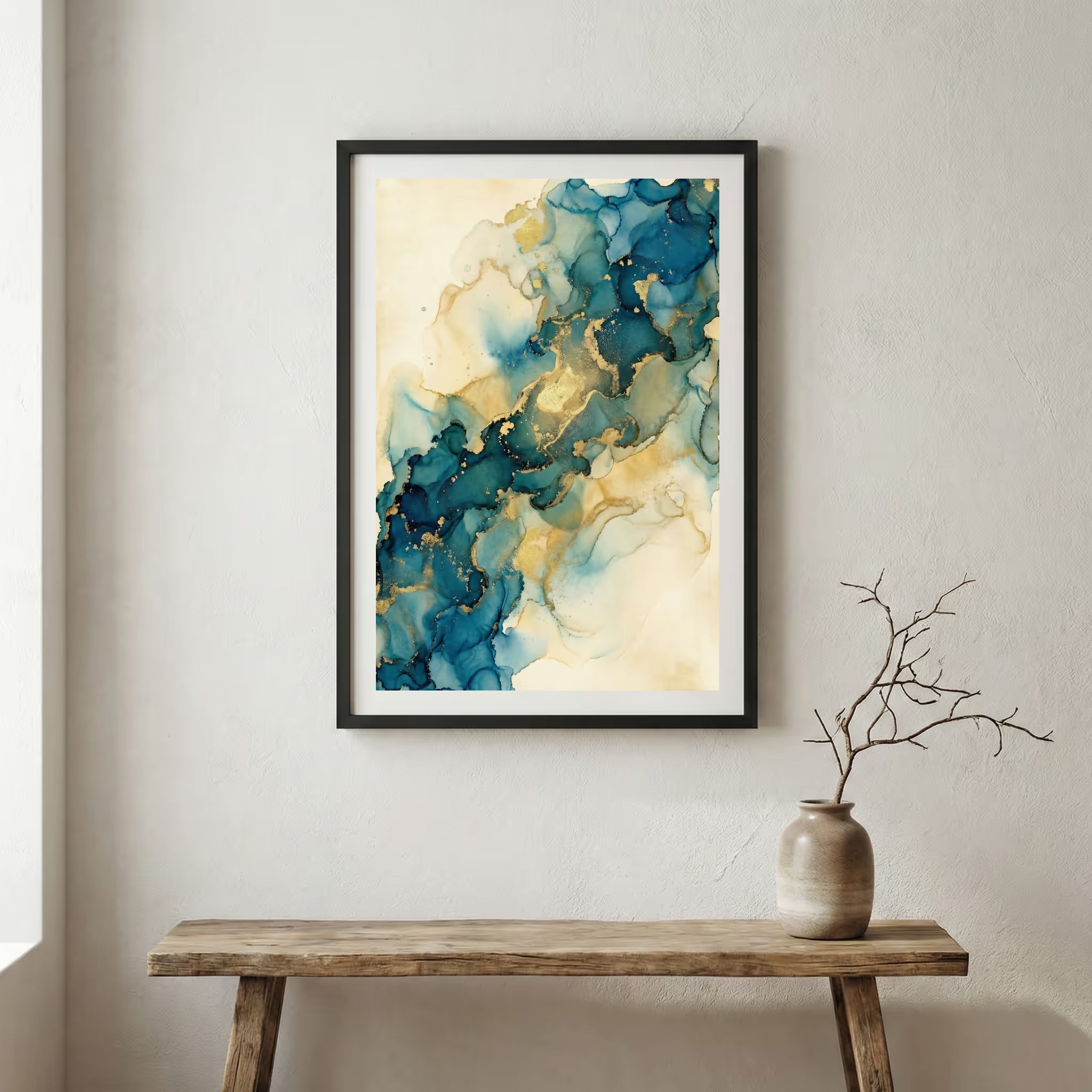 Teal Gold Floral Abstract canvas wall art in a framed room setting