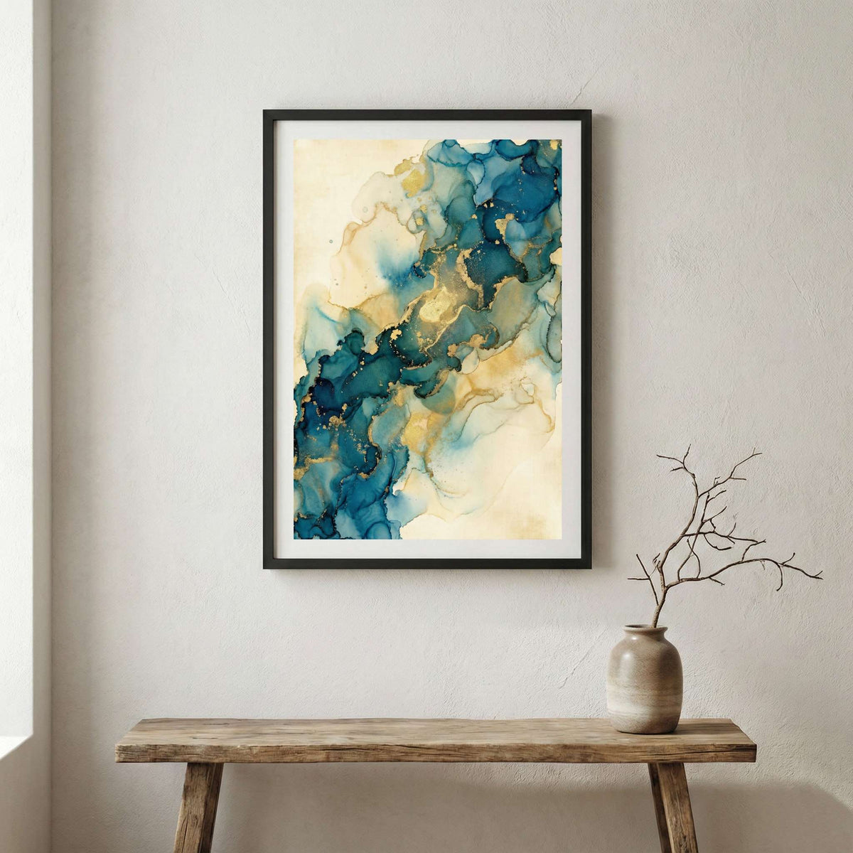 Teal Gold Floral Abstract canvas wall art in a framed room setting