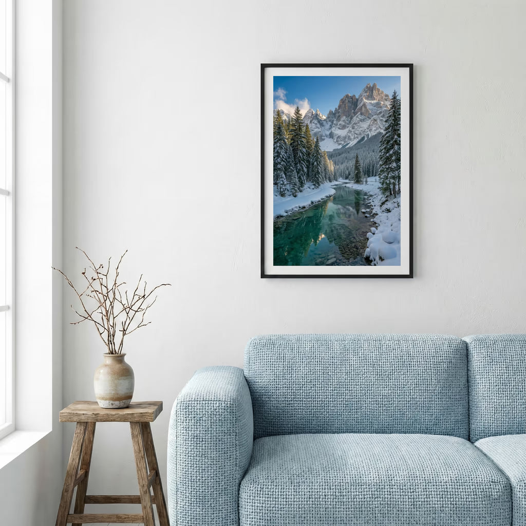 Aerial view of a river valley with terraced golden and green fields — framed canvas wall art in a wooden frame, 16×24 in