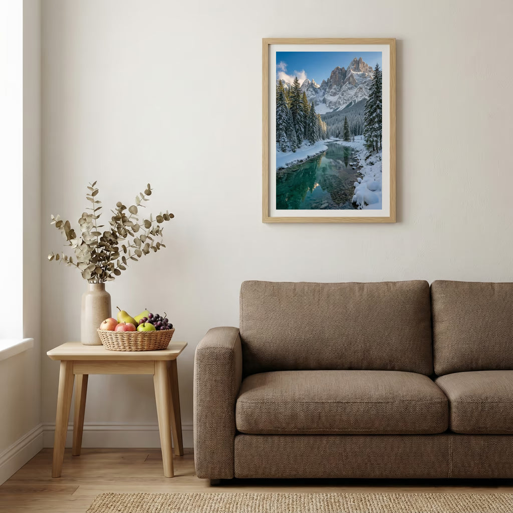 Aerial view of a river valley with terraced golden and green fields — wooden-frame wall art print, 20×30 in