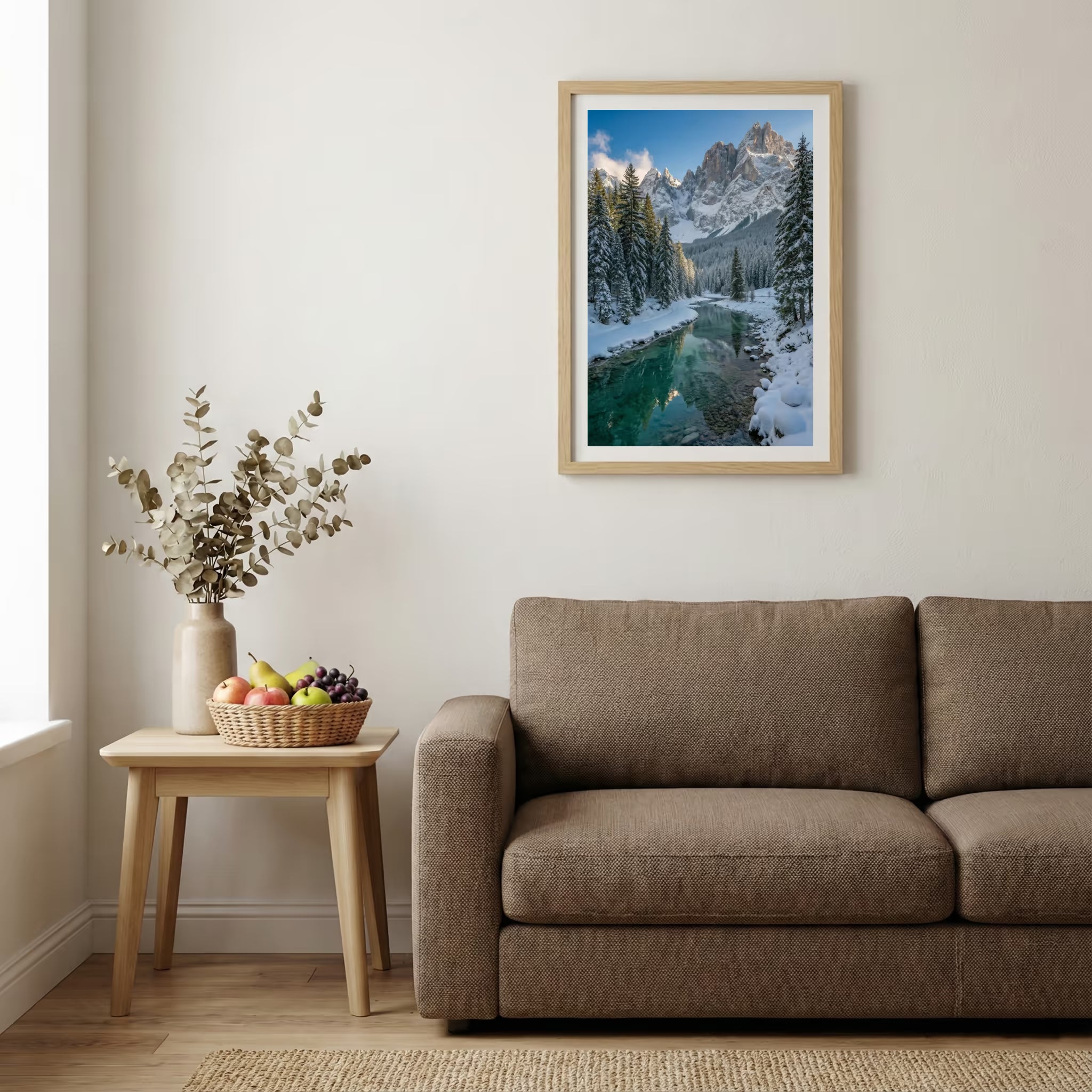 Aerial view of a river valley with terraced golden and green fields — wooden-frame wall art print, 20×30 in