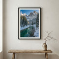 Aerial view of a river valley with terraced golden and green fields — wooden frame canvas wall art print, 12×18 in