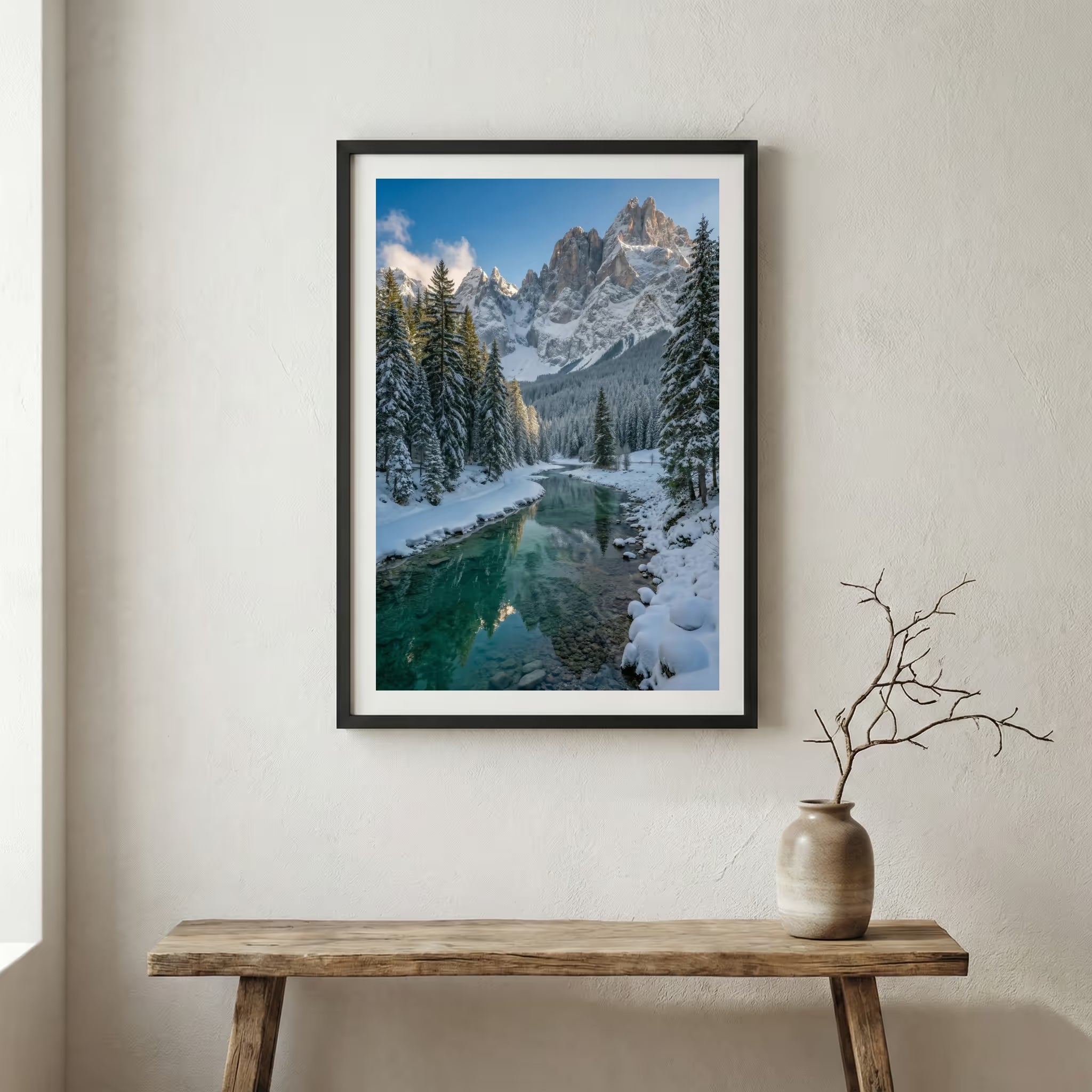 Aerial view of a river valley with terraced golden and green fields — wooden frame canvas wall art print, 12×18 in
