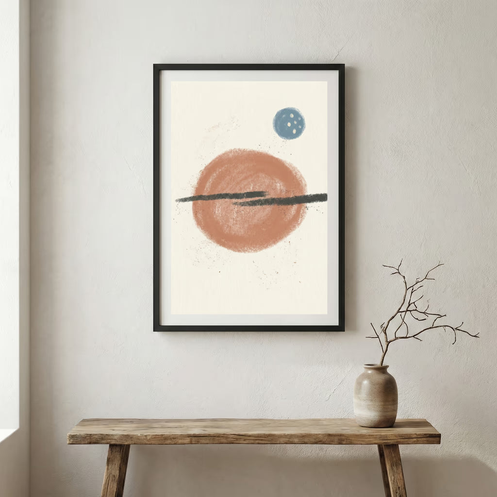 Terracotta Blue Minimal Circle Abstract canvas wall art in a framed room setting