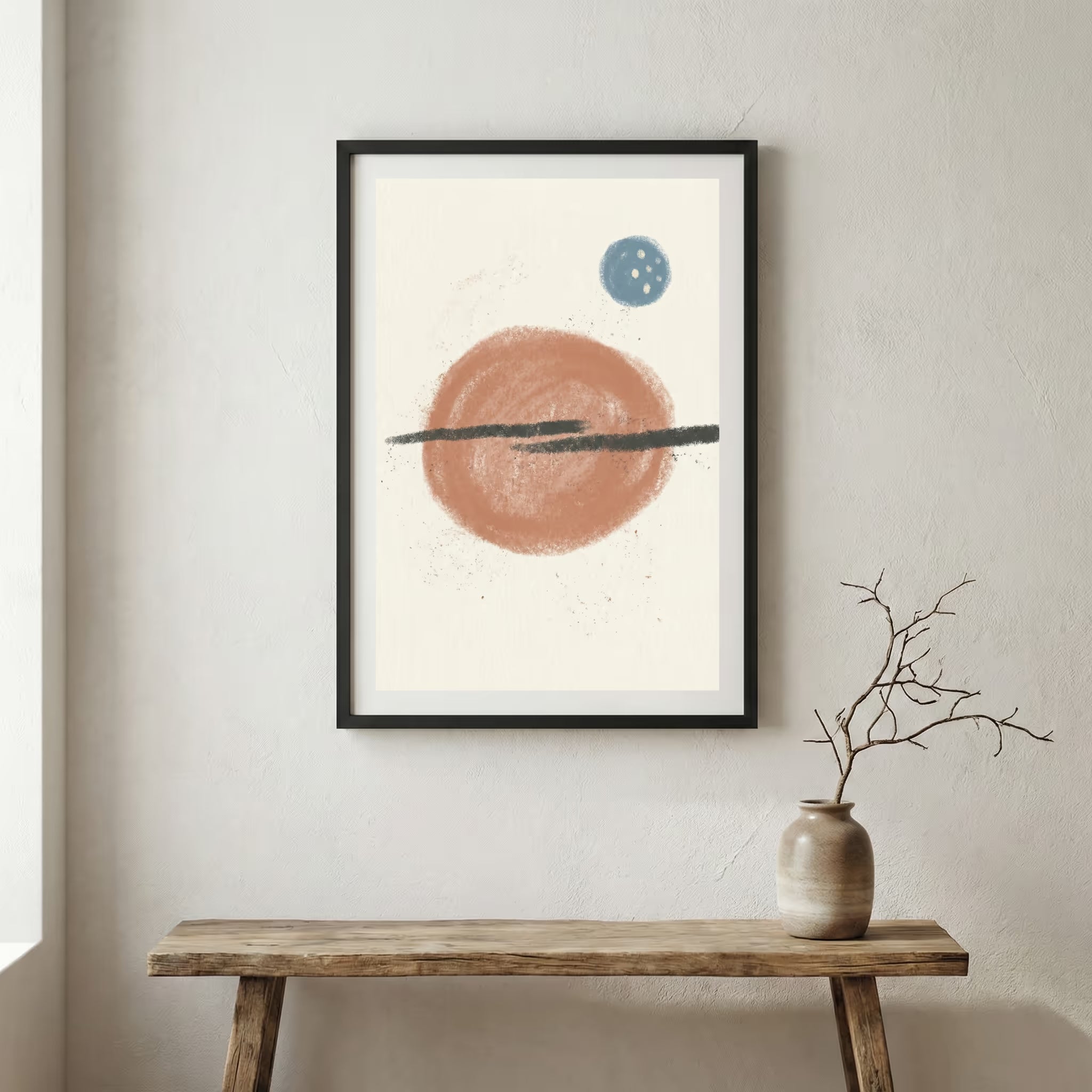 Terracotta Blue Minimal Circle Abstract canvas wall art in a framed room setting
