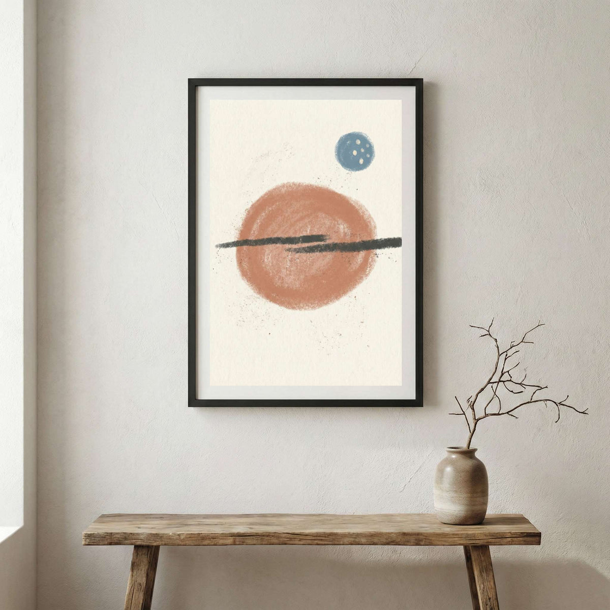 Terracotta Blue Minimal Circle Abstract canvas wall art in a framed room setting