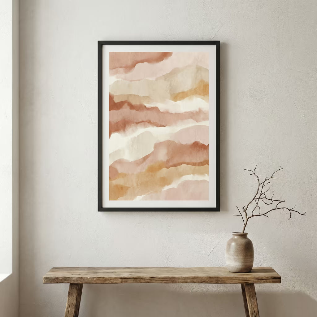 Soft Peach Watercolor Abstract canvas wall art in a framed room setting
