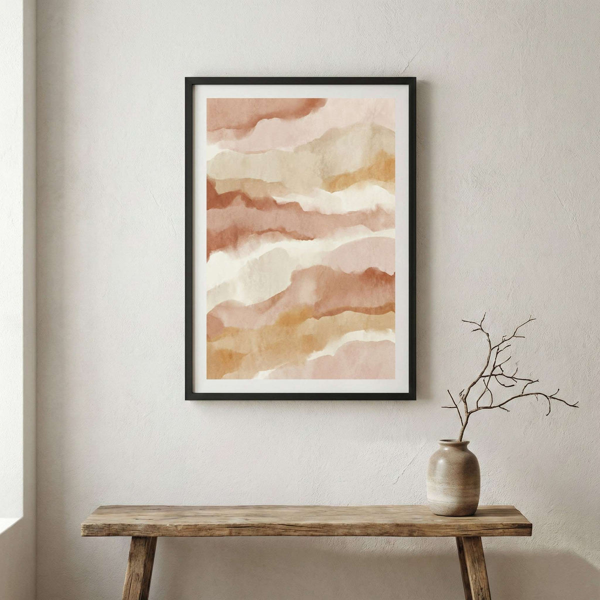 Soft Peach Watercolor Abstract canvas wall art in a framed room setting
