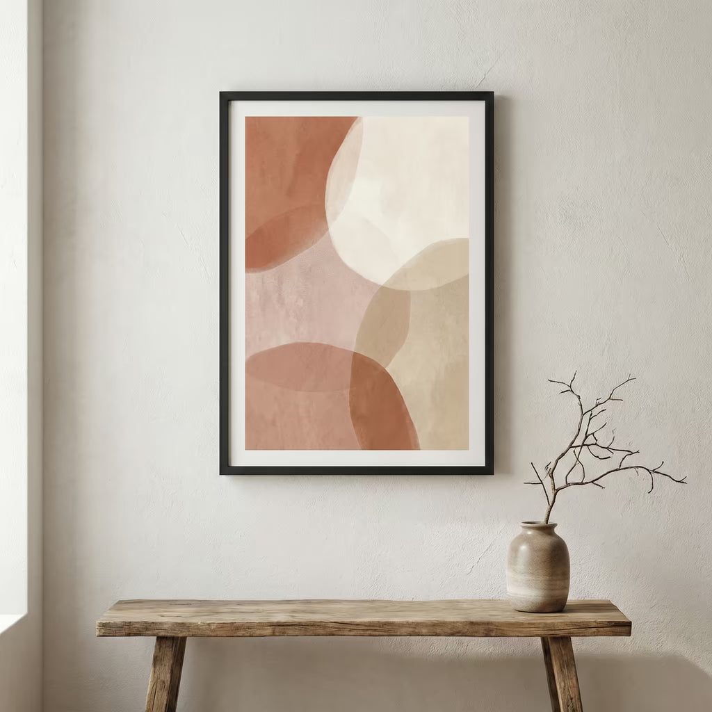 Blush and Beige Geometric Abstract canvas wall art in a framed room setting