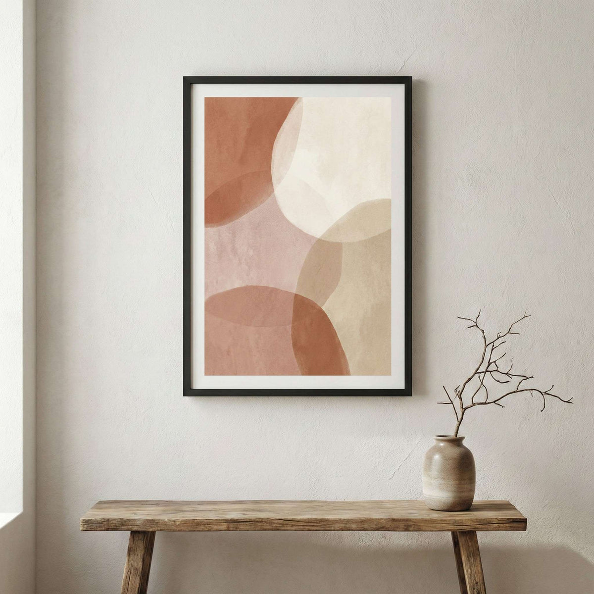 Blush and Beige Geometric Abstract canvas wall art in a framed room setting