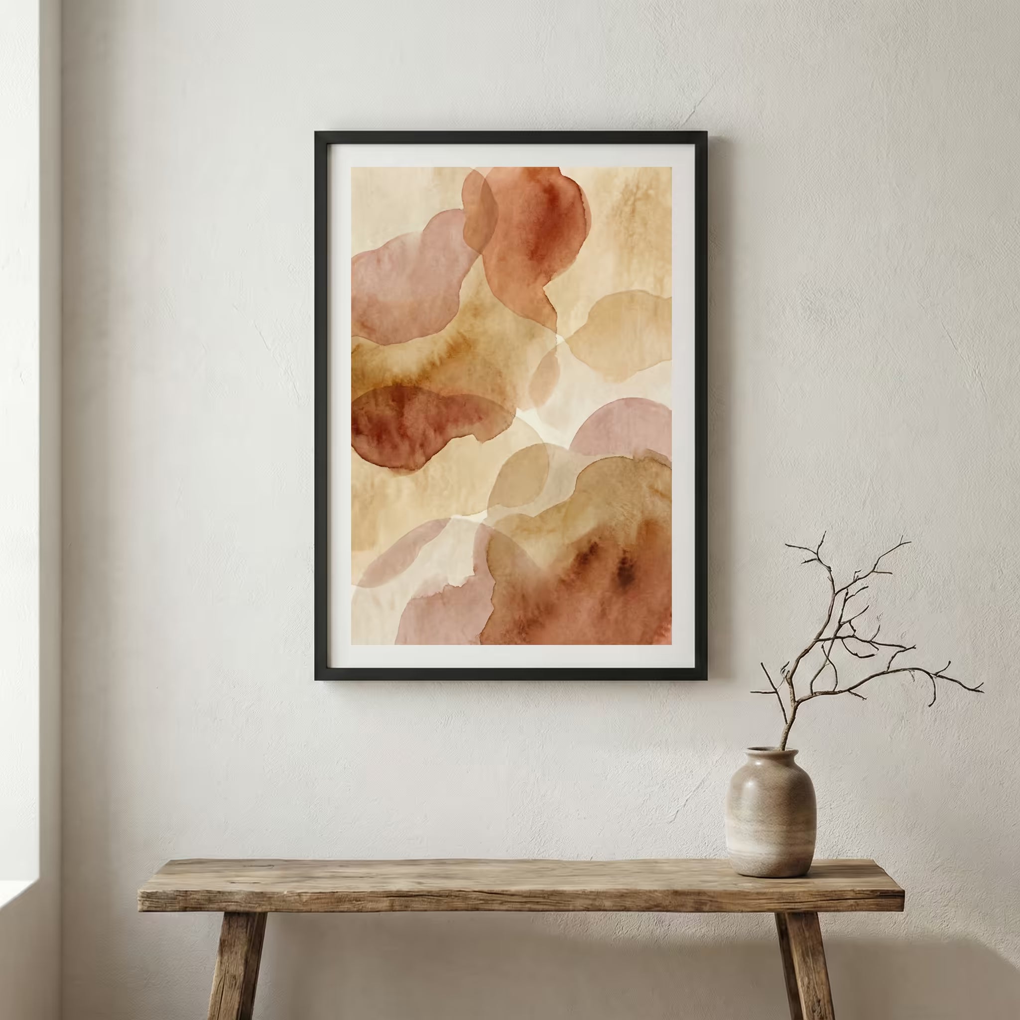 Peach Blush Fluid Abstract canvas wall art in a framed room setting
