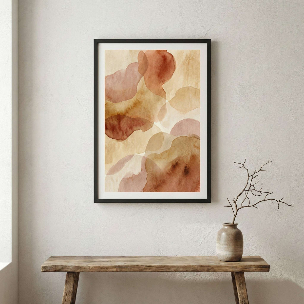 Peach Blush Fluid Abstract canvas wall art in a framed room setting