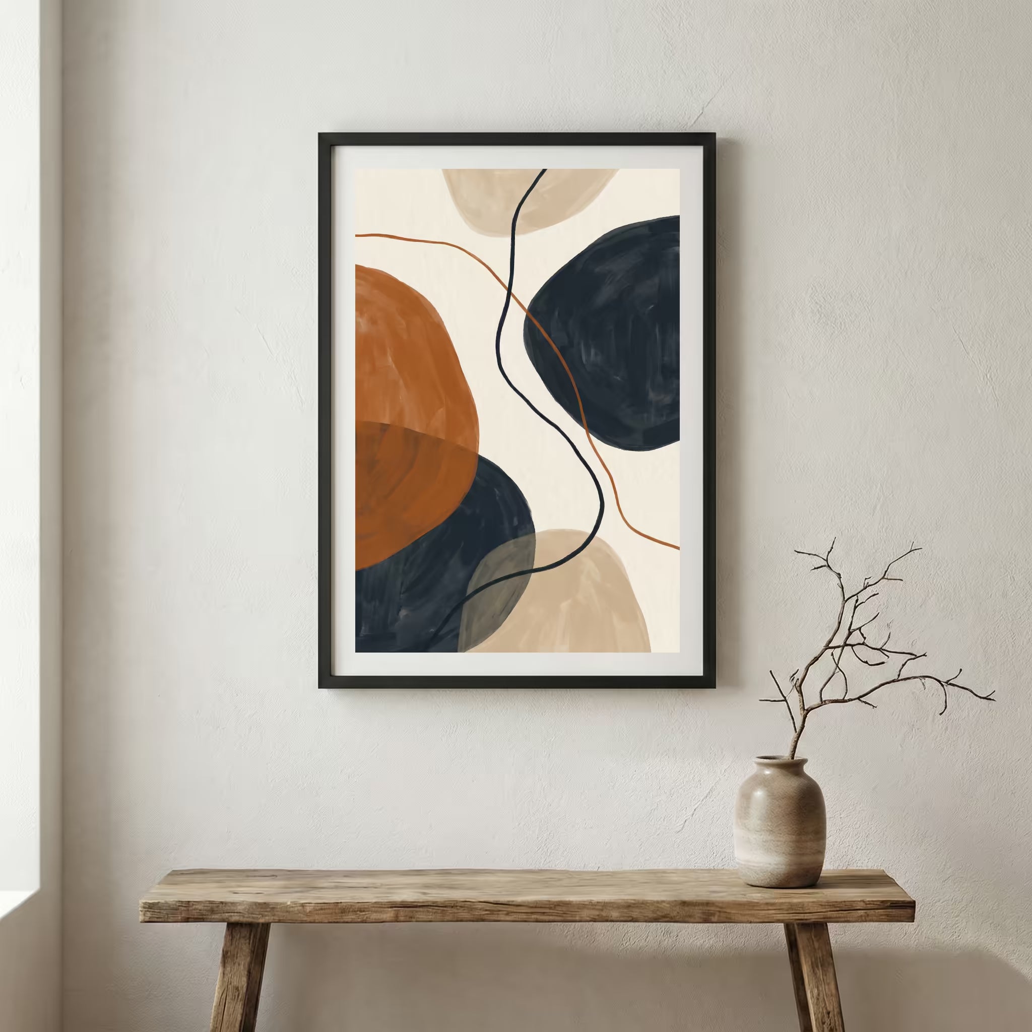 Navy Terracotta Geometric Abstract canvas wall art in a framed room setting