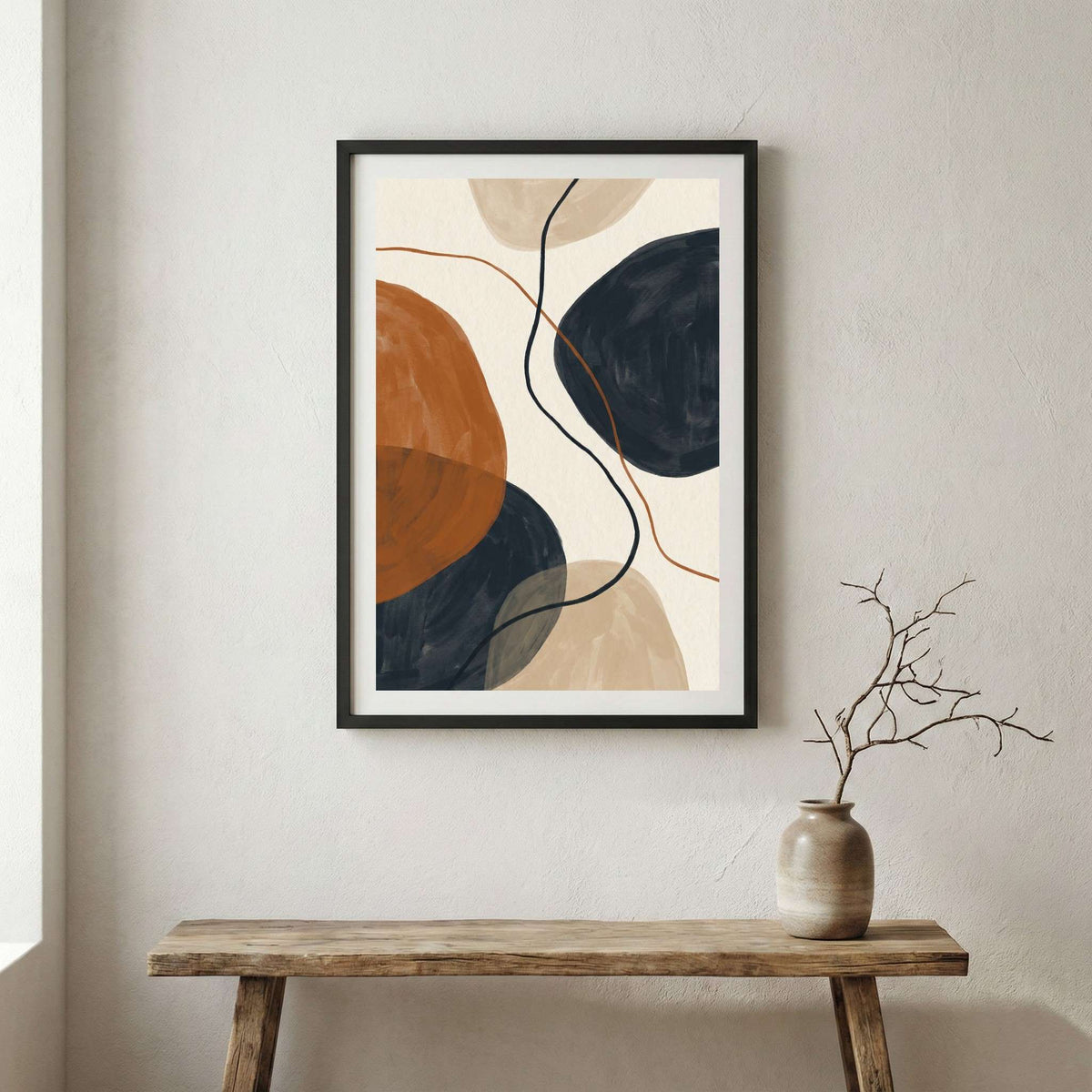 Navy Terracotta Geometric Abstract canvas wall art in a framed room setting