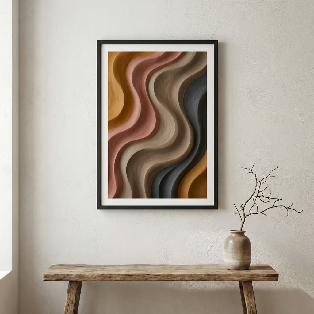 Brown Beige Wavy Abstract canvas wall art in a framed room setting