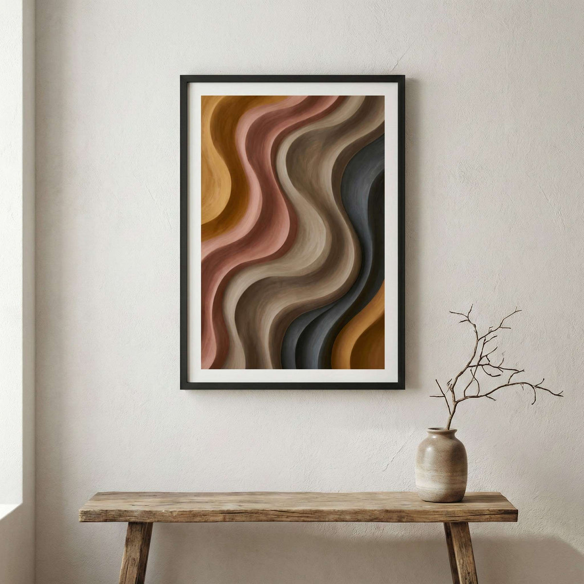 Brown Beige Wavy Abstract canvas wall art in a framed room setting