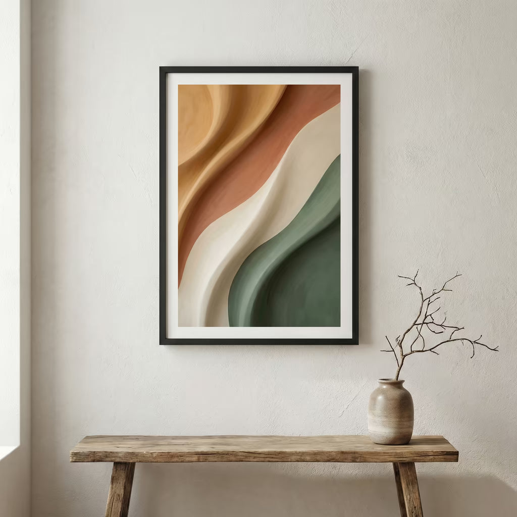 Sage Terracotta Organic Abstract canvas wall art in a framed room setting
