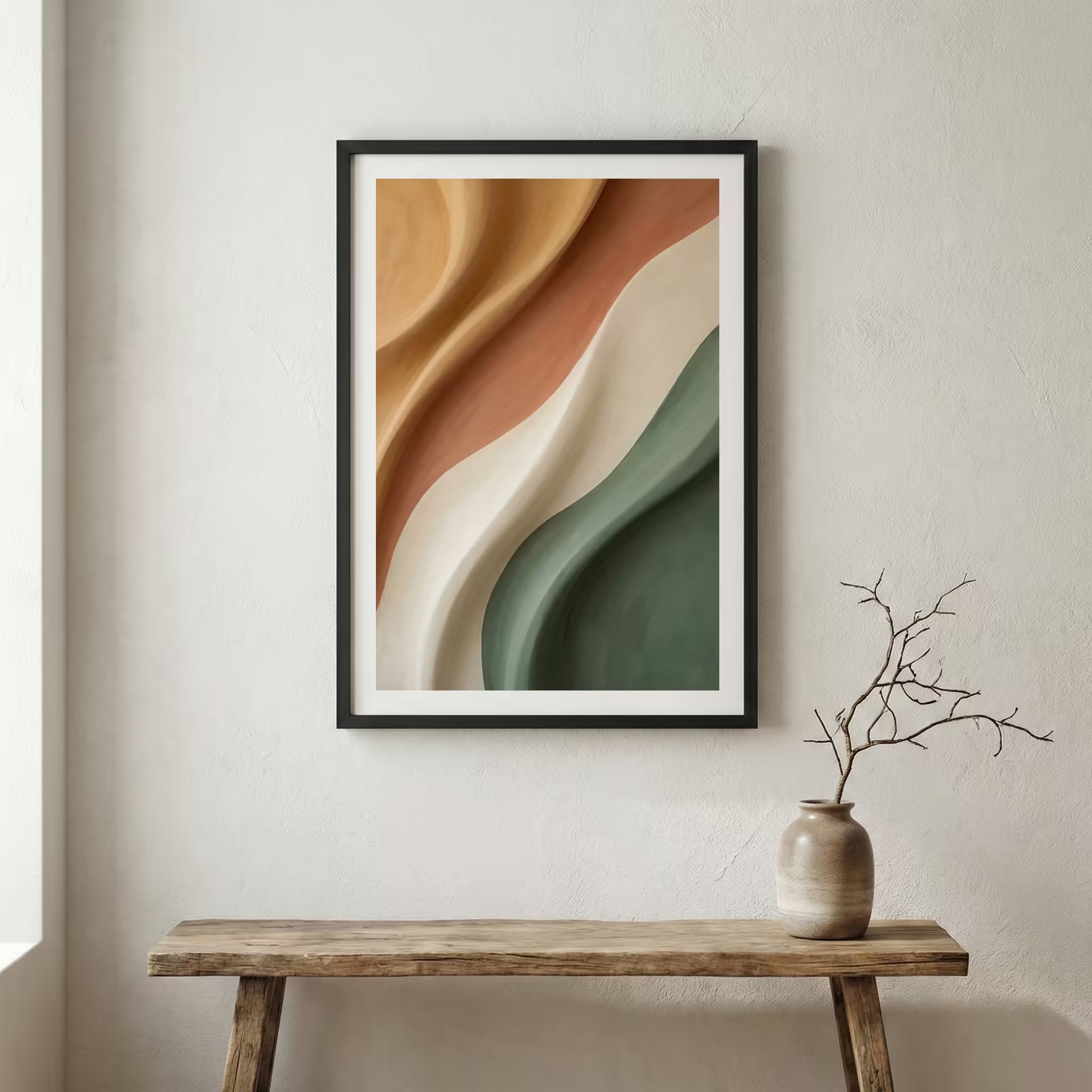 Sage Terracotta Organic Abstract canvas wall art in a framed room setting