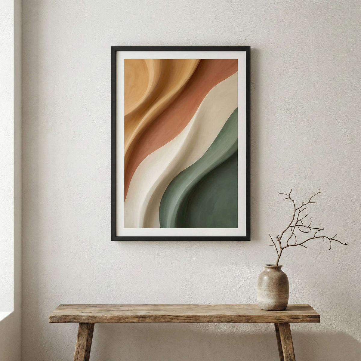 Sage Terracotta Organic Abstract canvas wall art in a framed room setting