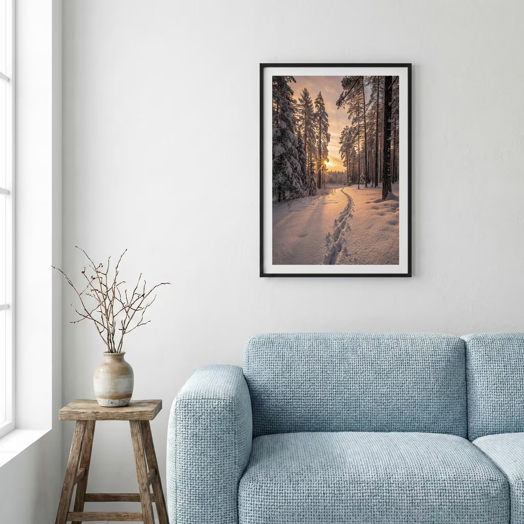Turquoise river cutting through dark, rugged mountains under a moody teal sky — framed canvas wall art in a wooden frame, 16×24 in