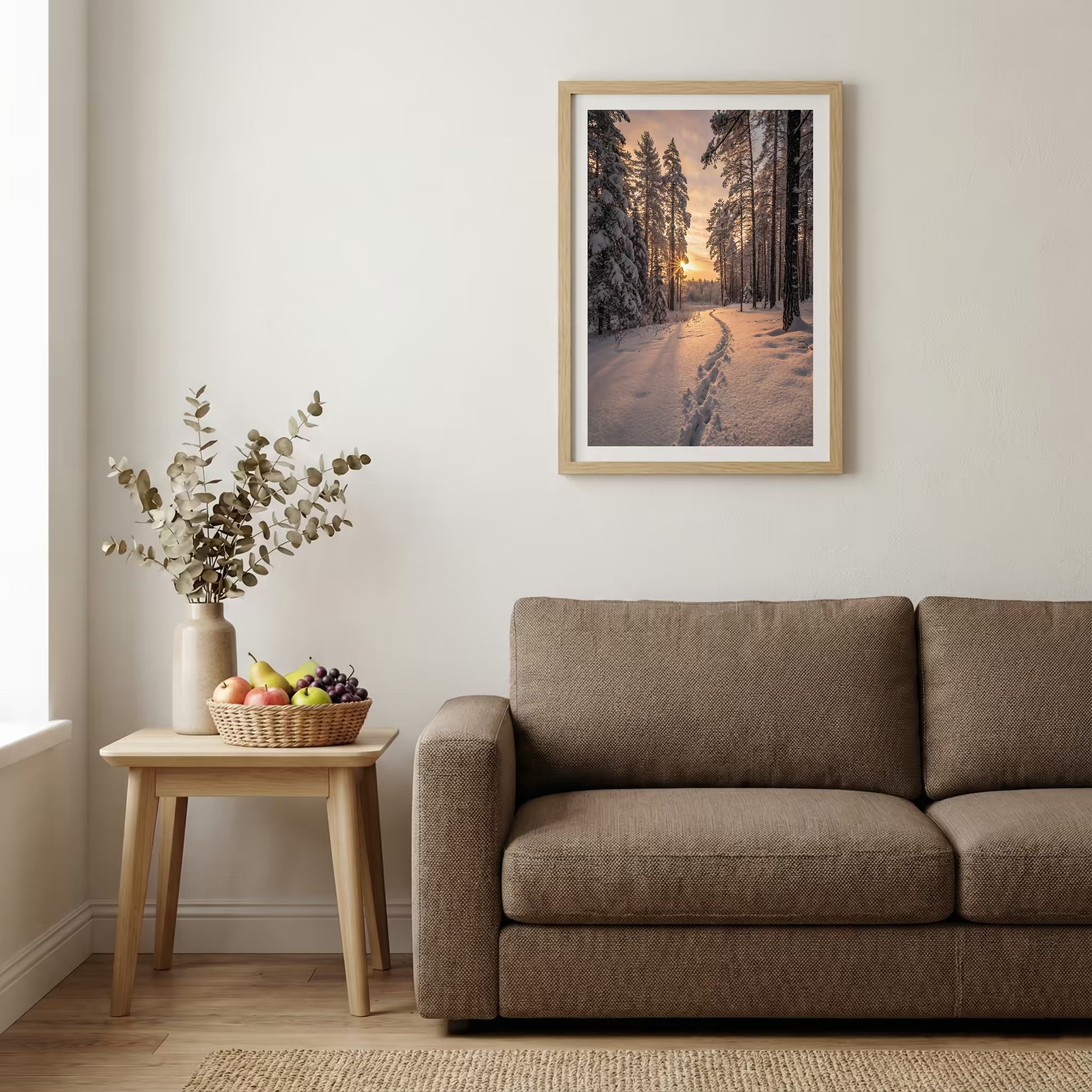 Turquoise river cutting through dark, rugged mountains under a moody teal sky — wooden-frame wall art print, 20×30 in