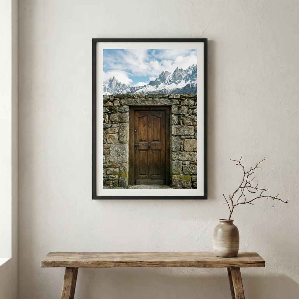 Aerial view of turquoise water meeting a snow-covered coastline and winding road — wooden frame canvas wall art print, 12×18 in