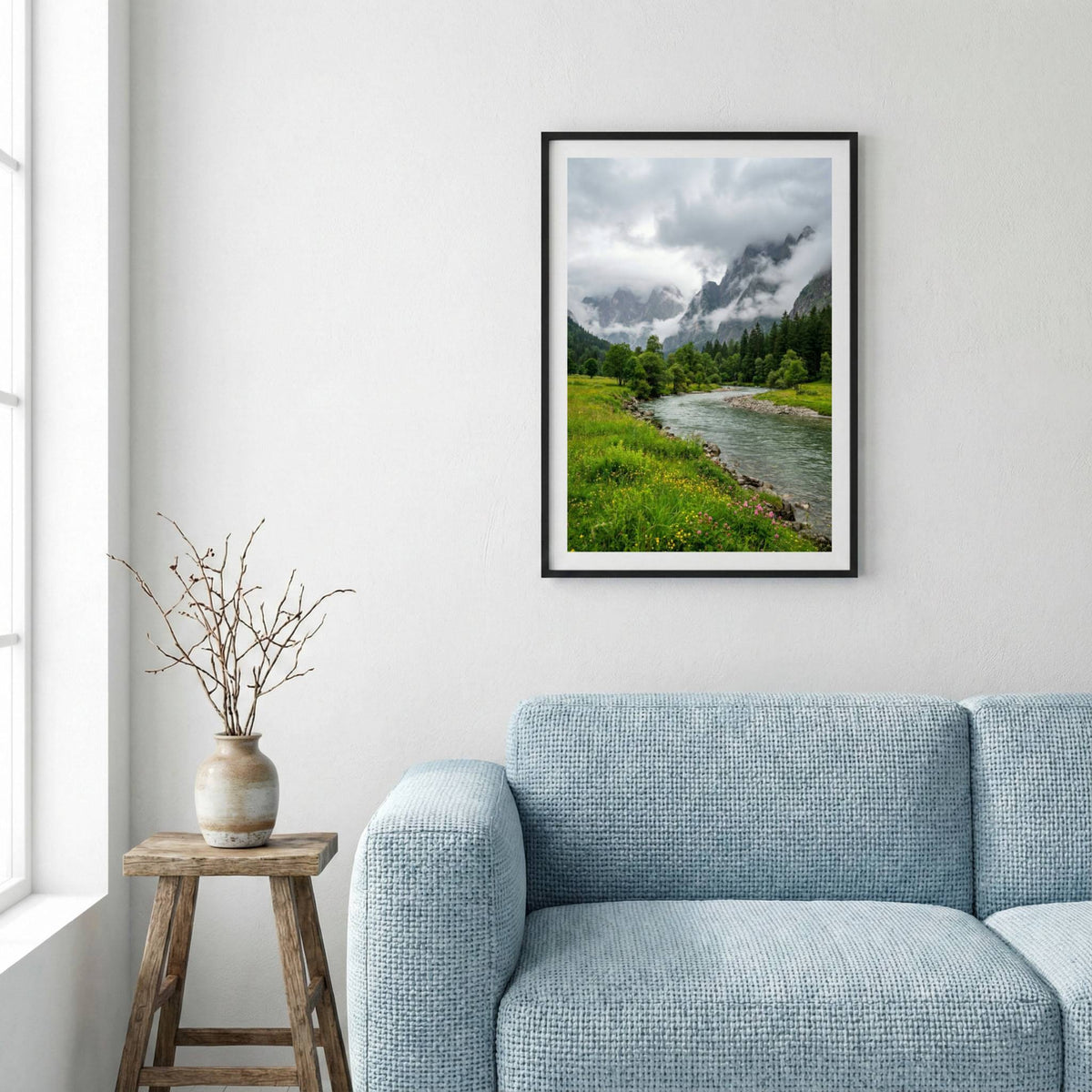 Turquoise river winding through a lush green valley beneath misty mountains — framed canvas wall art in a wooden frame, 16×24 in