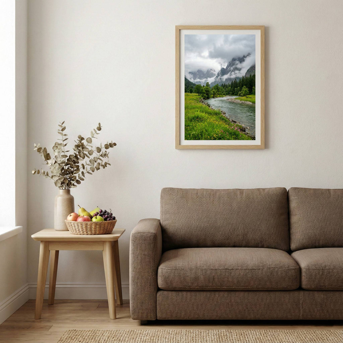 Turquoise river winding through a lush green valley beneath misty mountains — wooden-frame wall art print, 20×30 in