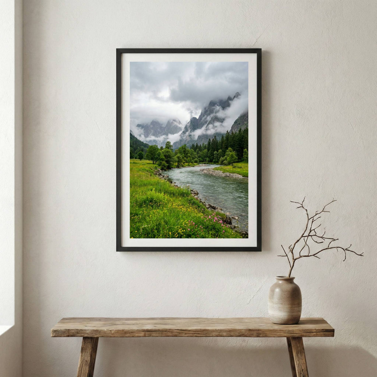Turquoise river winding through a lush green valley beneath misty mountains — wooden frame canvas wall art print, 12×18 in