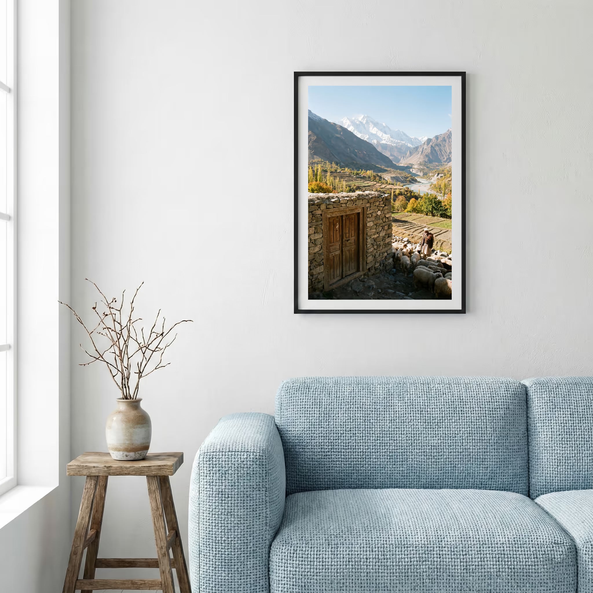 Turquoise river winding through a lush green valley beneath misty mountains — framed canvas wall art in a wooden frame, 16×24 in