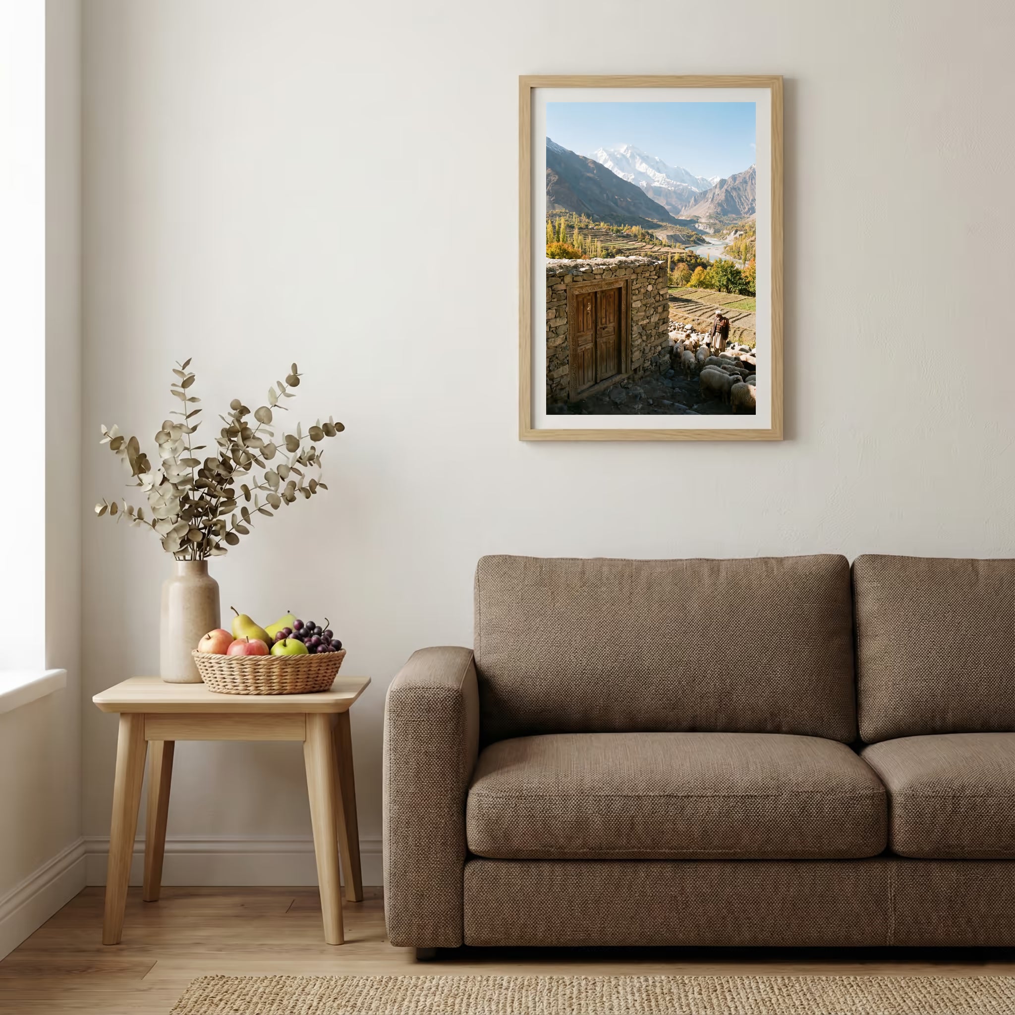 Turquoise river winding through a lush green valley beneath misty mountains — wooden-frame wall art print, 20×30 in