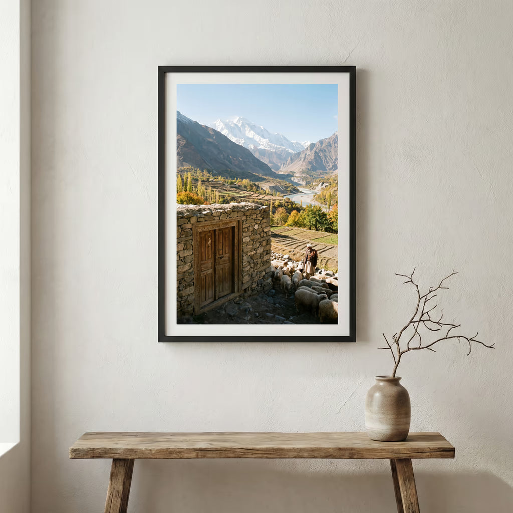 Turquoise river winding through a lush green valley beneath misty mountains — wooden frame canvas wall art print, 12×18 in