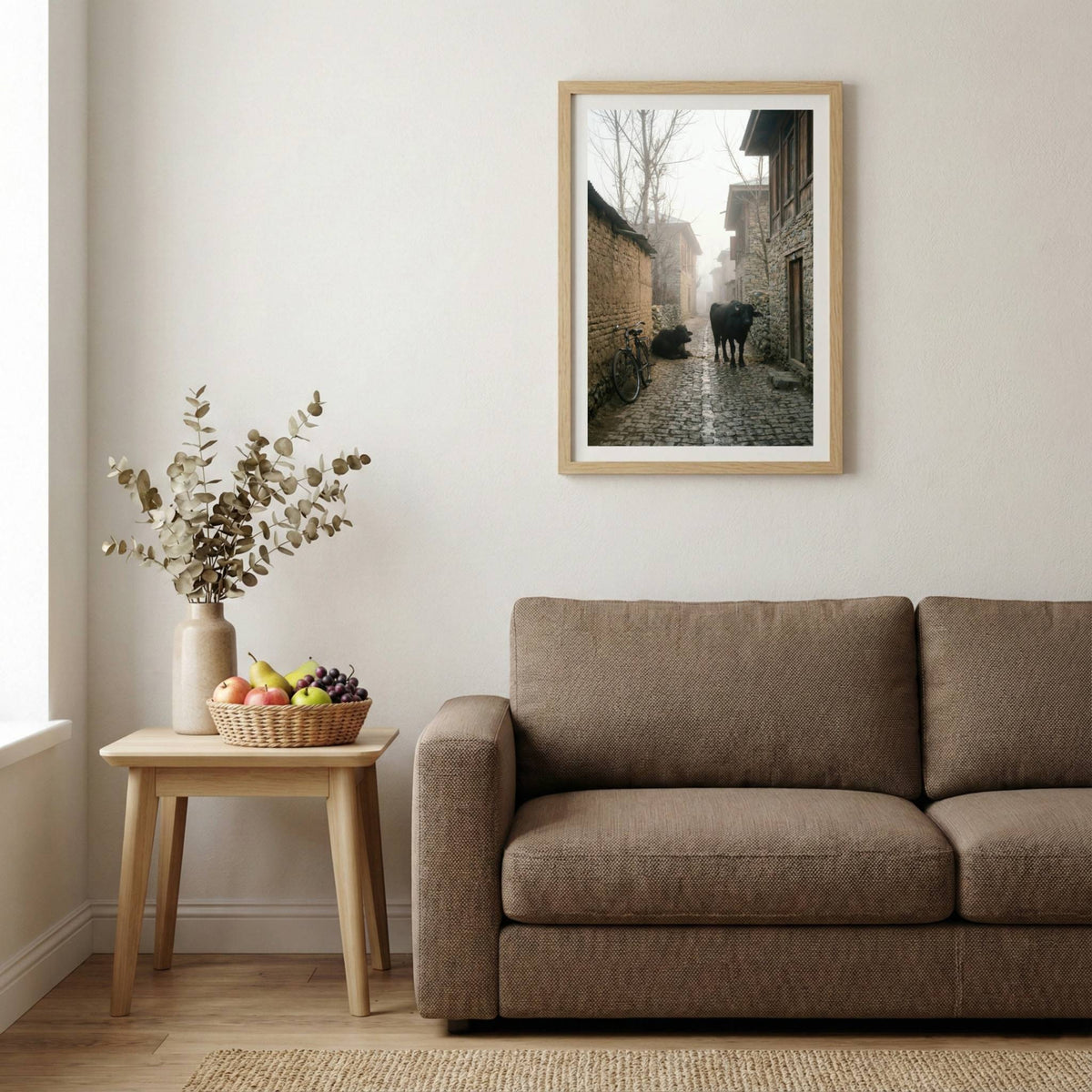 Foggy village alley at dawn with a bicycle and cattle along a stone lane — wooden-frame wall art print, 20×30 in