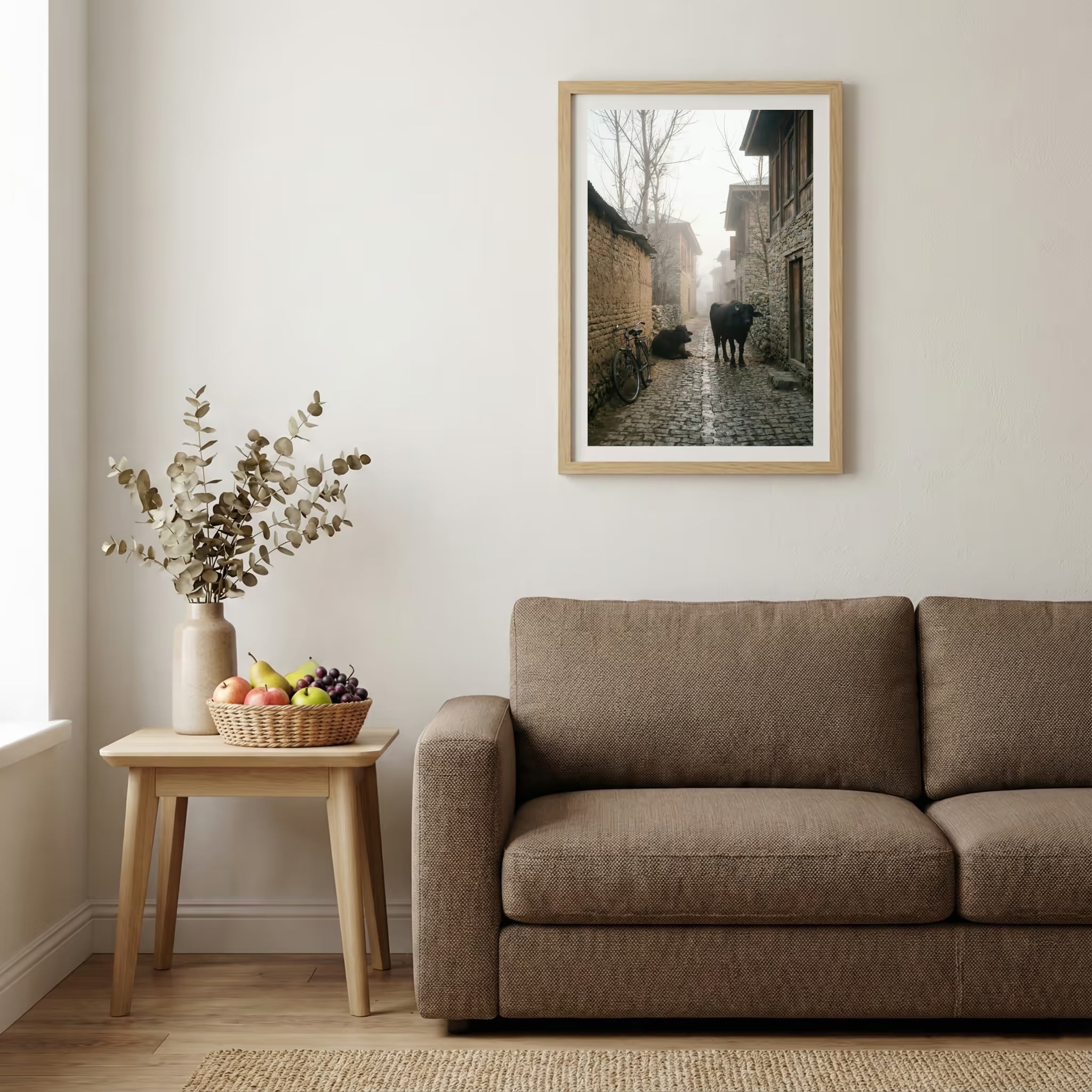 Foggy village alley at dawn with a bicycle and cattle along a stone lane — wooden-frame wall art print, 20×30 in