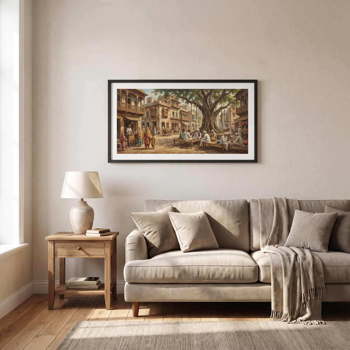 Vintage painting of a bustling village square gathered beneath a giant banyan tree — framed vintage painting.
