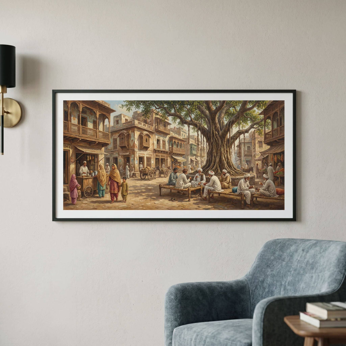 Vintage painting of a bustling village square gathered beneath a giant banyan tree — framed vintage painting.