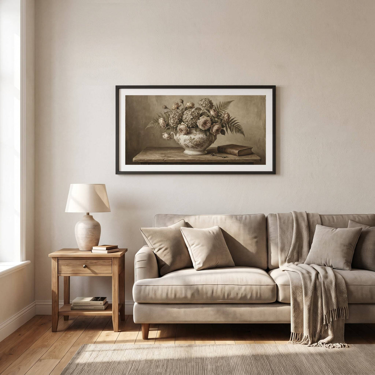 Vintage-style still life painting of a flower bouquet in a vase beside an open book — framed vintage painting.